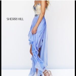 Sherri Hill Bedazzled Gold Strapless Blue Handkerchief Hem Formal Dress- Size‎ 6